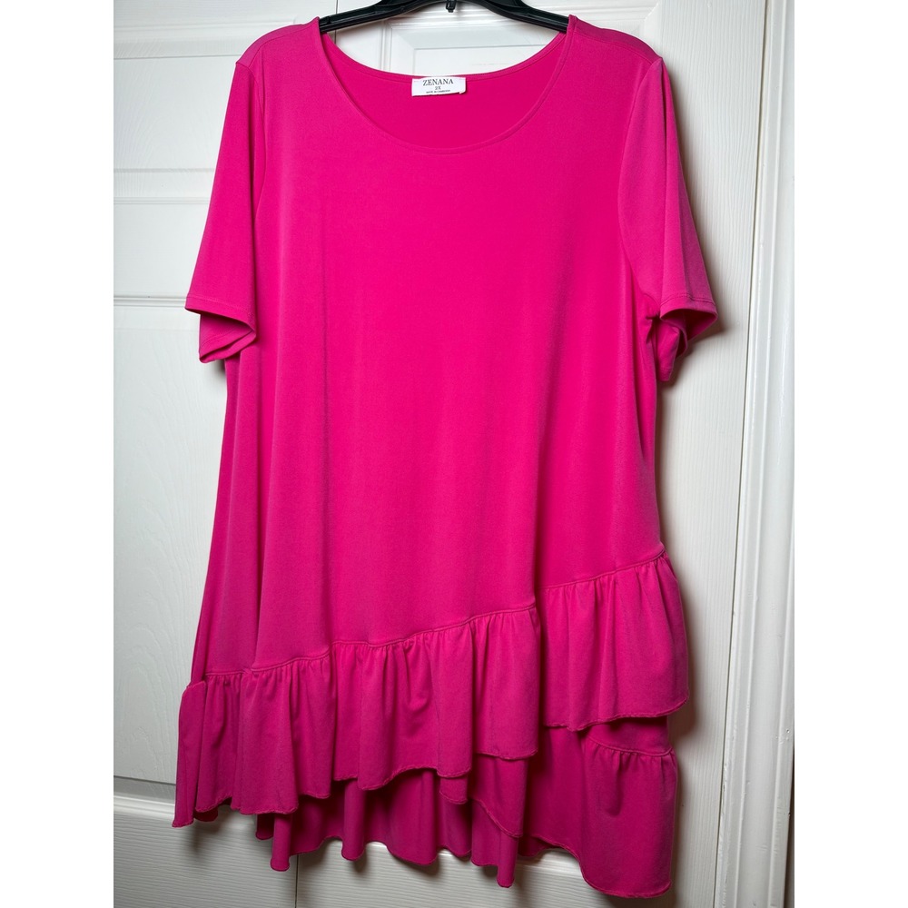 Zenana Hot Pink Tiered Ruffle Hem Tunic‎ Top Short Sleeve Plus Size 2X